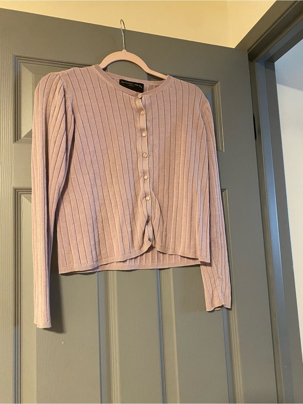 August Silk Ribbed Button Cardigan in Light Mauve